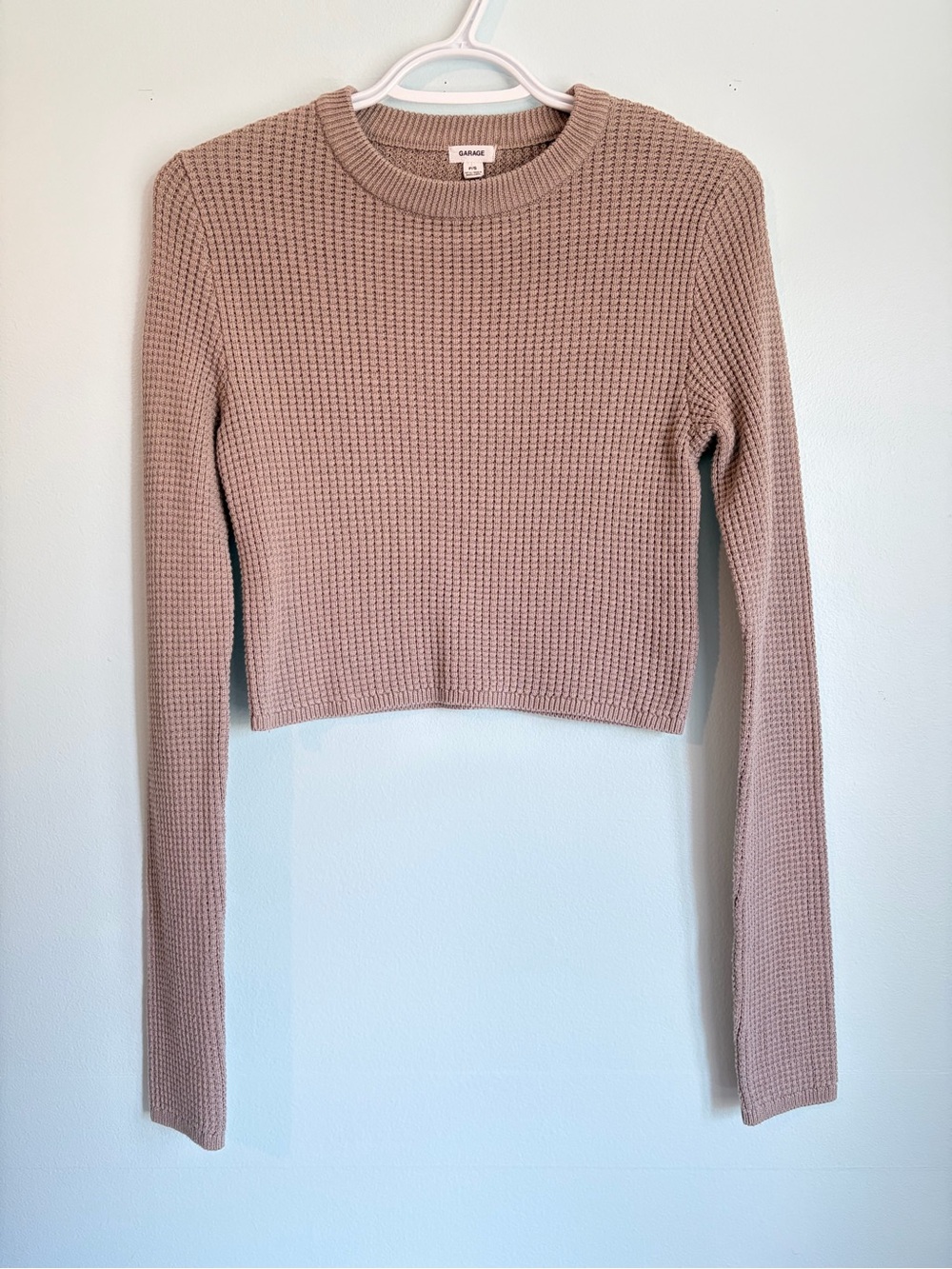 Garage Waffle Knit Cropped Sweater - Long Sleeve Knitted Top - Taupe Size Small